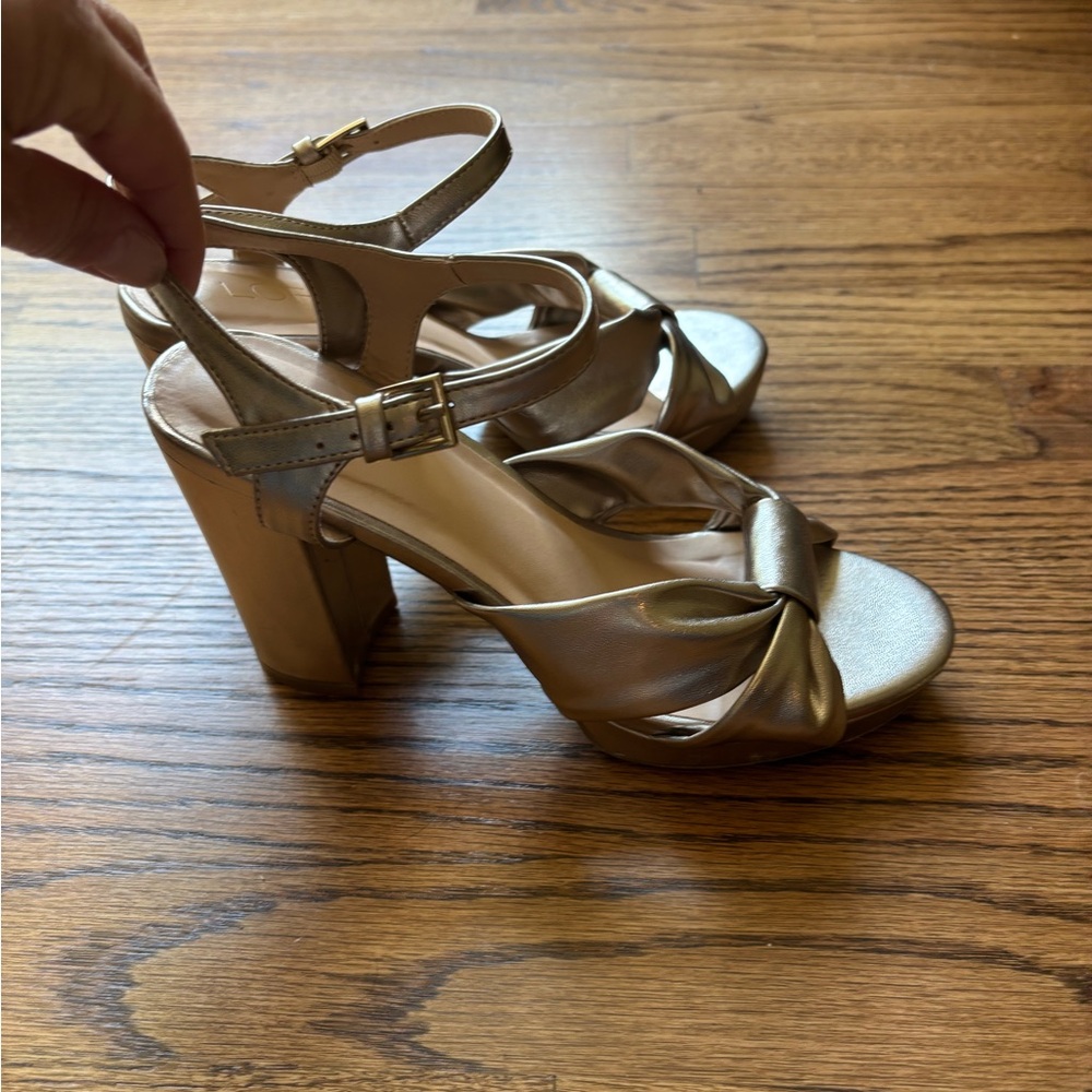 LOFT Gold Heels with Chunky Heel and Ankle Strap